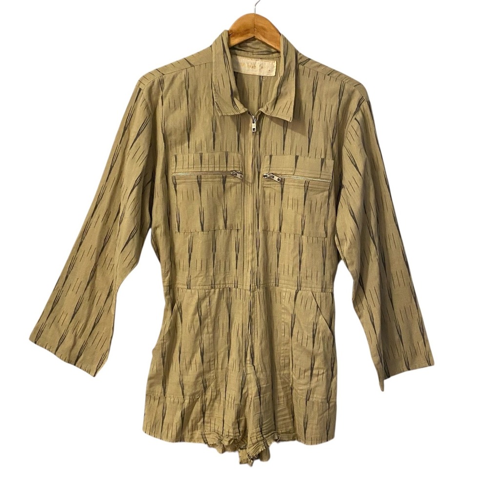 Jens Pirate Booty Womens Ikat Print Zip Front Romper Olive Cotton Sz Large